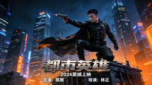 都市英雄动作电影海报：主角站在高楼顶端