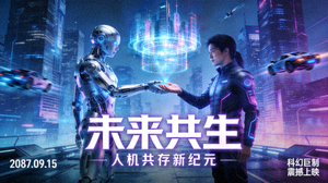 科技未来科幻剧海报：机器人与人类在未来城市互动